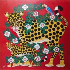 JABILI’s CHEETAH SPEAKS Classic Tingatinga on board 60cm by 60cm