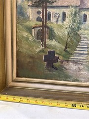 Real Signed Oil On Canvas Painting Realism Old Church Chapel Grave 23×26”