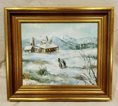 Winter In The Mountains Canvas Oil Painting SIGNED V. Clark Framed 15.5″x13.5″