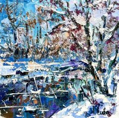 Snowy Winter Trees and River Forest Landscape Oil Painting Canvas Board 8×8 Inch