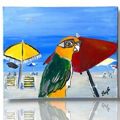 A Signed Artist Original Artwork Art Painted Canvas Island Parrot wearing Goggle