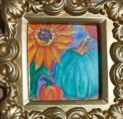 Sunflower pumpkin Field Original Watercolor Painting, Gold Mini Frame, Not ACEO