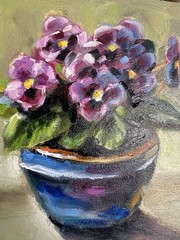 original oil painting still life 20х20cm Semi-abstract violets plant In a pot