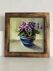 original oil painting still life 20х20cm Semi-abstract violets plant In a pot