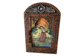 Vintage Indian Wooden Frame With Gemstone Reverse Glass Hand Painting Lady Deer
