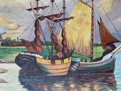 Oil Painting Harbor By Prothmann Ships Sailboats Mills Holland Coast Antique Oil