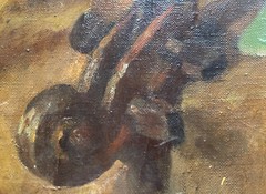 Antique 19th Oil Canvas Painting Still Life Violin Illegible Sign Mystery Artist