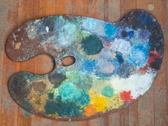 Antique Large Artist Used Oil Painting Palette Rainbow Colors
