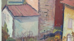 18 1/2×20 1/8in painting Vintage oil landscape View by Country Emilia P32