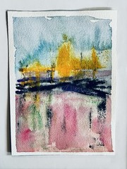 Vibrant abstract original watercolor in blues, pinks, purple and gold.