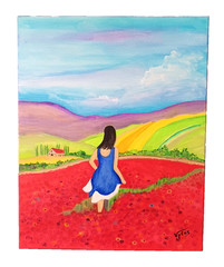 Woman in Poppy Field Original Acrylic Painting Canvas Signed Vytas 16×20 Wall Ar
