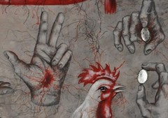 painting contemporary art modern figurative figure hand animal bird rooster coin
