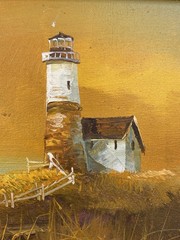 Orginal Oil Painting Signed Lighthouse Landscape Wood Frame Linen Matting