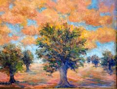 Oil Painting Landscape Grove of Trees Orange Clouds Fields Framed by Donalee