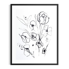 Original Minimalist Flowers 9×12 Painting Acrylic Ink Black White Wall Art Paper