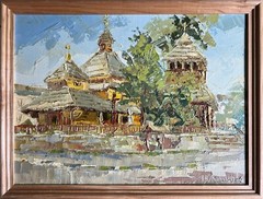 Oil painting Rural church Ukrainian painter Canvas Framed original Cityscape