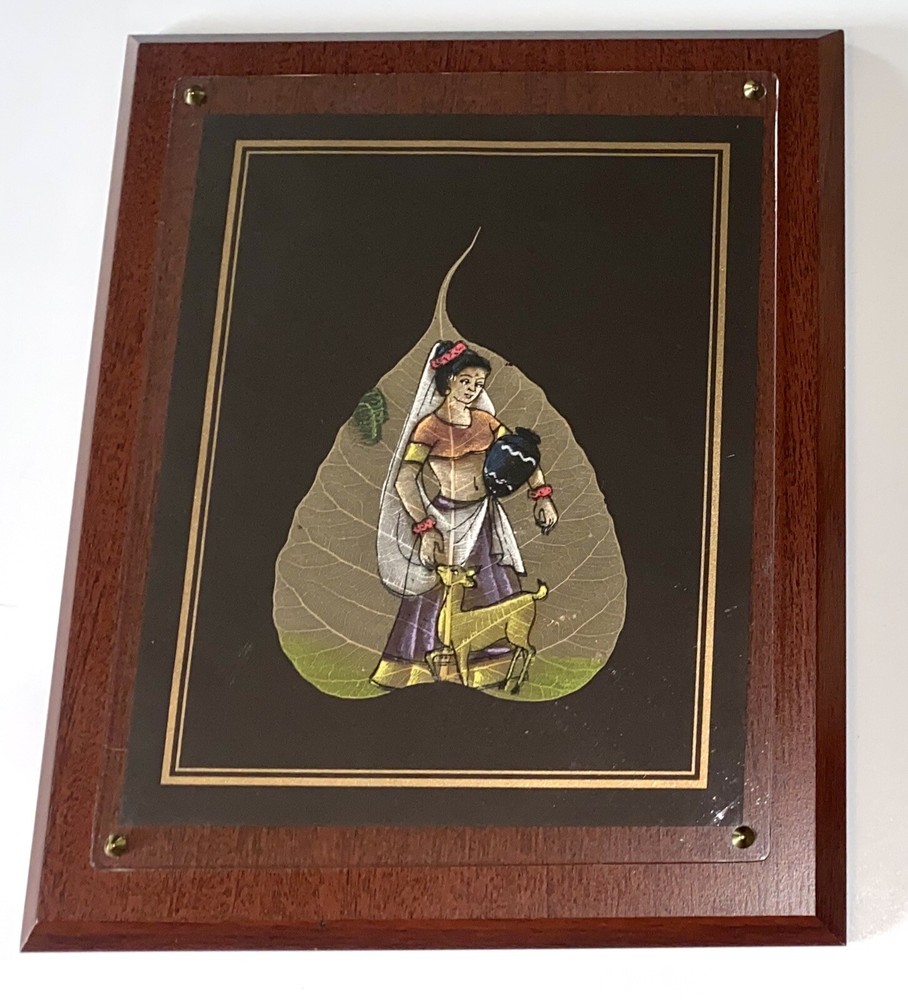 Traditional Vintage Indian Peepal Leaf Painting, Woman With Goat Framed 13×11
