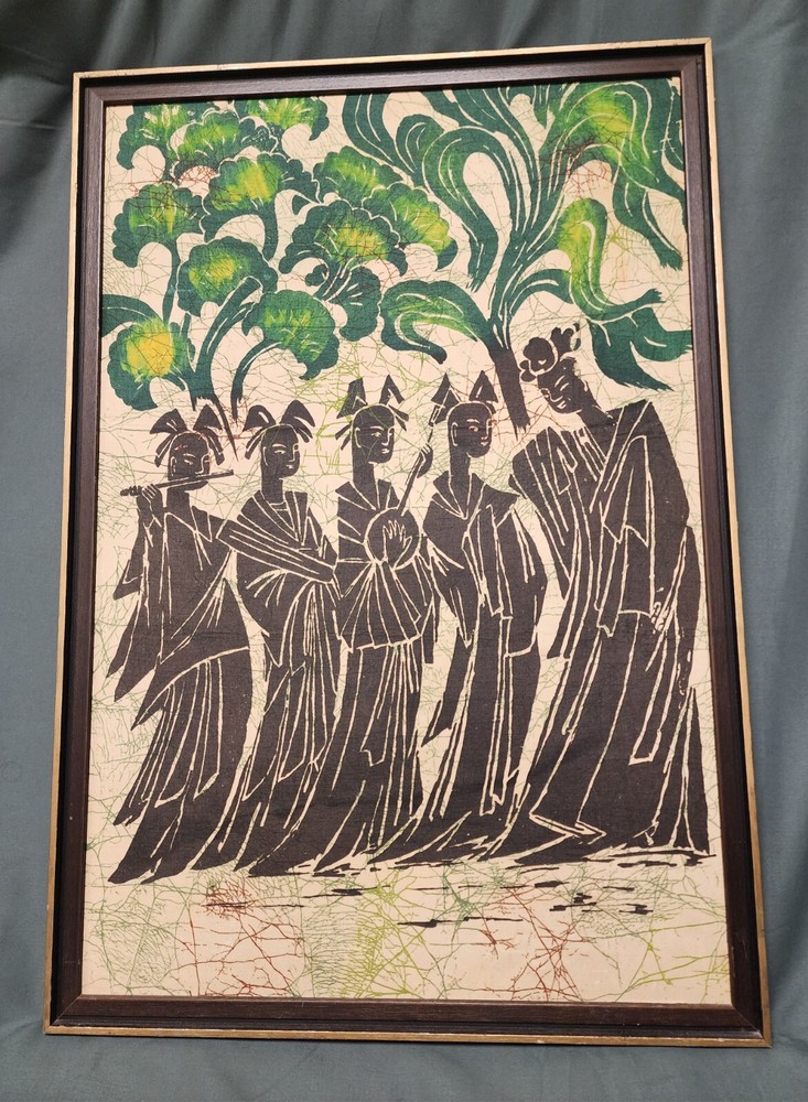 Vintage Mid-Century Unique Batik Titled „Happiness in the Bush“, 32.5″x22.5″
