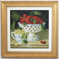 Fine Still Life Oil Painting Cherries and Grapes in Blue and White Ceramic Bowl