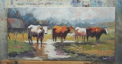Sean Wu. Landscape, 10×20 original oil on stretched canvas, Cows