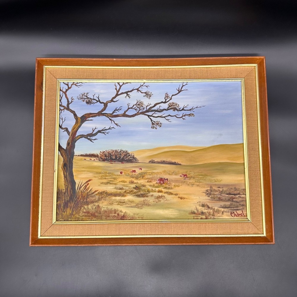 Vintage Oil Painting Kansas Landscape Hereford Cows Rustic Frame Signed Mabel