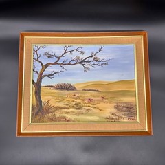 Vintage Oil Painting Kansas Landscape Hereford Cows Rustic Frame Signed Mabel