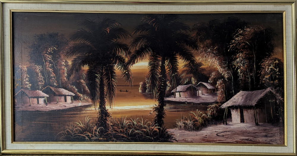 Vintage African Zaire Congo Village Sunset Landscape Acrylic Painting 38×18