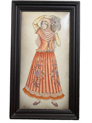 Framed Middle Eastern Persian Woman in Floral Dress Leather Painting