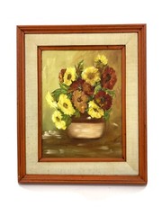 Vtg Mid Century Red Orange Yellow Floral Bouquet in Vase Still Life Painting