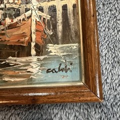 Vintage Mid Century Nautical Oil Painting Harbor Fishing Boats Harbor Scene