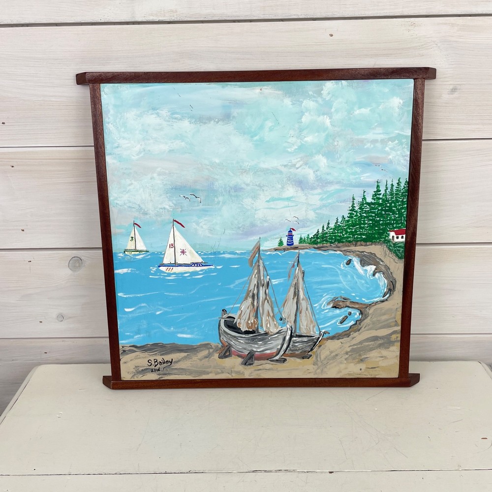 Amateur Artist Framed Painting on Wood 2016 Sailboats in Cove with Lighthouse