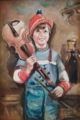 Portrait of a Boy with Violin The Young Musician Original Oil Painting signed