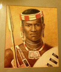 Watercolor by Hubert Whatley of African male in tribal dress, spear, and shield