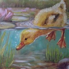 Diving Duckling Original Oil Painting Duck Pond Wildlife Animal Nature Art Gift
