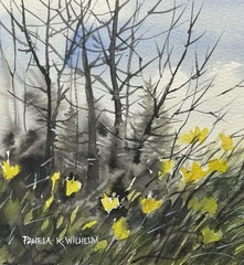 5”x7” Original Watercolor Pamela Wilhelm Yellow Wild Flowers Pine Trees