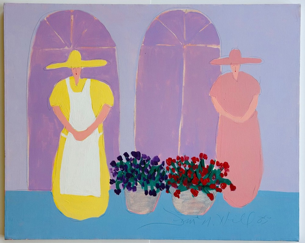 Jim Hill – original signed acrylic canvas painting women flowers 1985 30×24