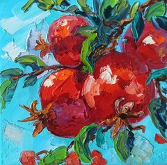 Original Oil Painting on Canvas 20x20cm Red Pomegranates Impasto Artwork
