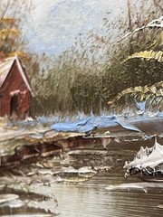 VTG Picture Hand Painted Art Framed Rustic Red Barn Pond 10×9″
