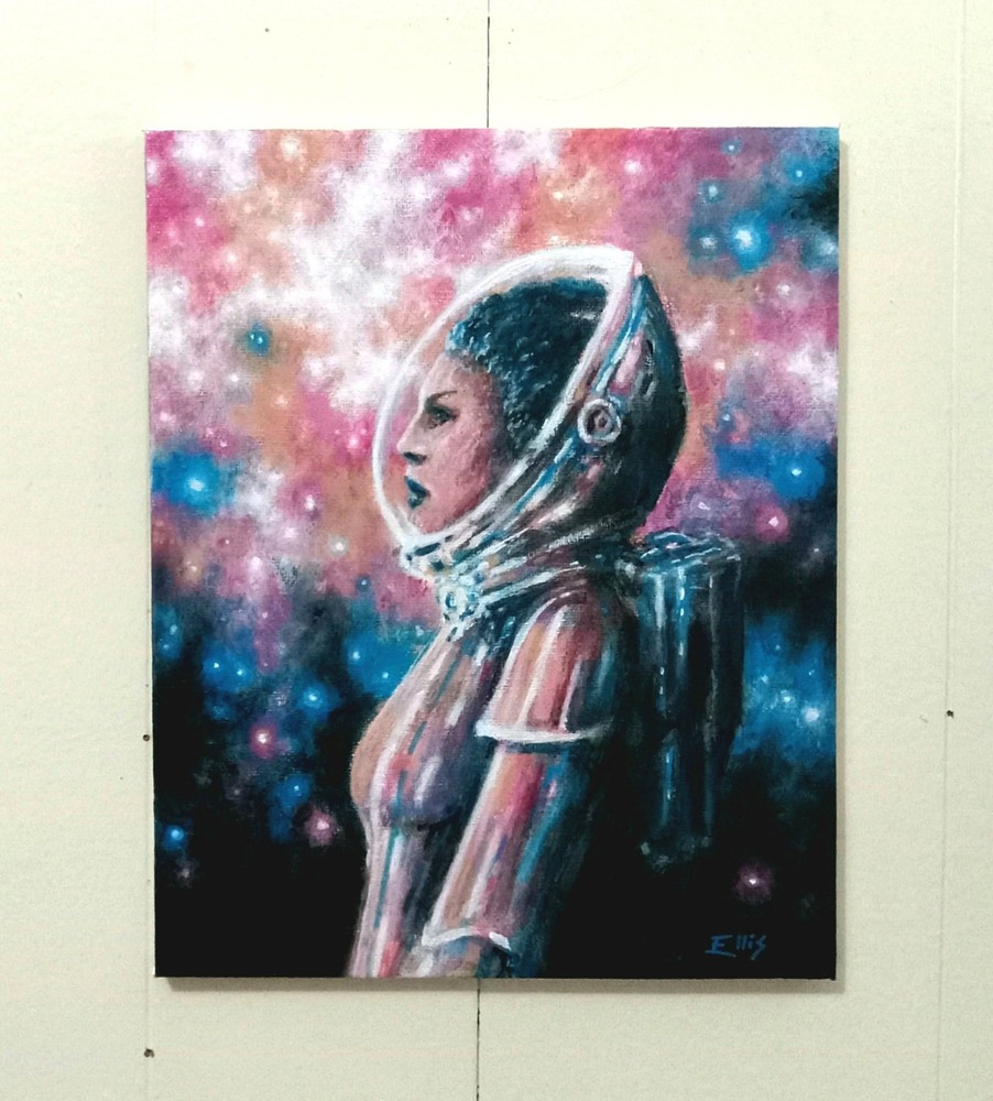 original scifi acrylic on canvas painting of space explorer astronaut 8×10 in