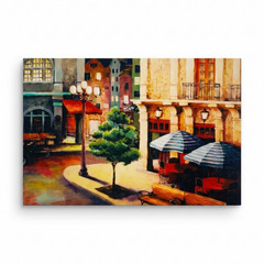 City Street Scene Impressionist Canvas Painting, Unframed Cityscape Buildings