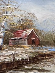 VTG Picture Hand Painted Art Framed Rustic Red Barn Pond 10×9″