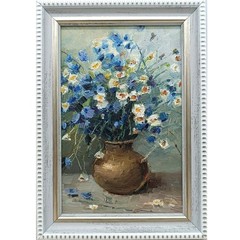 Blue Cornflowers Original Oil Painting 6×4 Framed Signed Floral Still Life Art