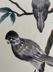 Original Sumi Ink Watercolor Painting Parrots Pair Artist Seal With Signature