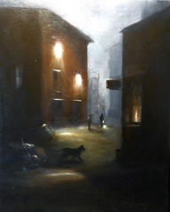 Night Patrol 8×10 original oil painting by Celene Farris, Maine, black alley cat