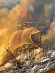 Naval Battle Tall Ships Armada Oil Painting Canvas 24×36 Signed G. Nelson