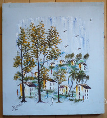 HAITI HAITIAN SCHOOL VINTAGE OIL PAINTING CANVAS, MODERN VILLAGE FIGURAL SURREAL