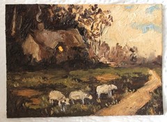 Original ACEO oil painting impressionist cottage and sheep #W4552