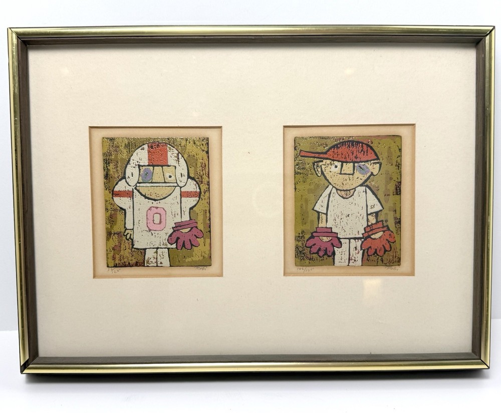 Al Robi Linocut Baseball Football Modernist Art MCM Signed Numbered Framed Set 2