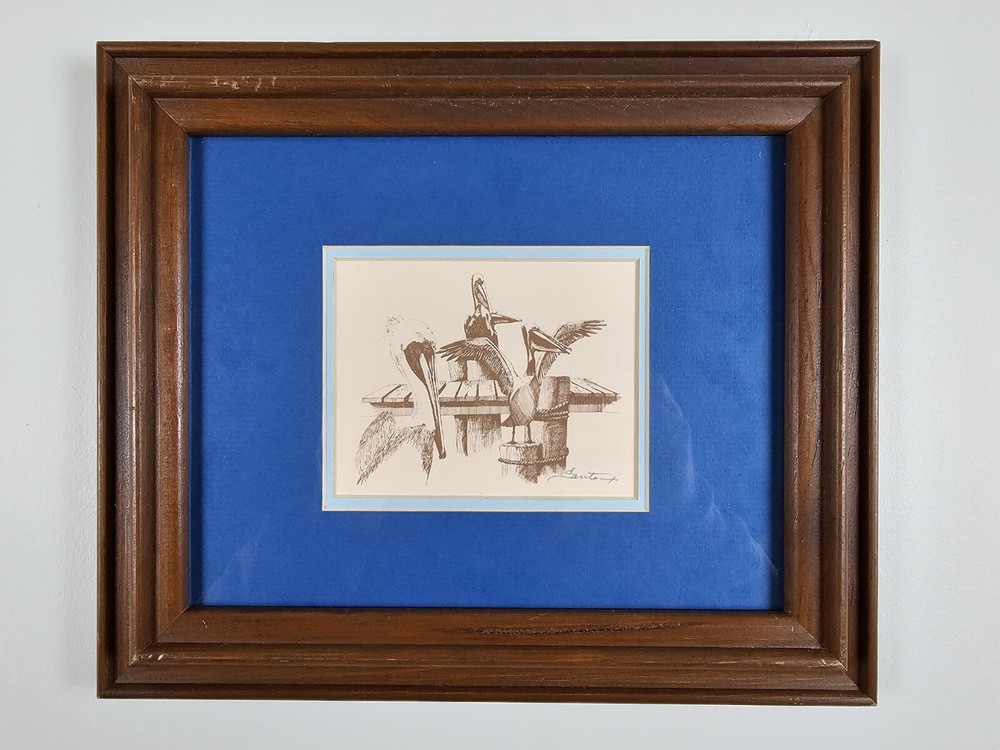 Vintage Original Signed Santorini ? Woodcut Etching 13×11 Framed Mid Century Art