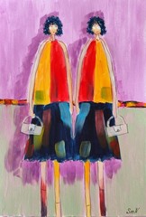 Original Naive Art Twins Girls Portrait Business Women Colorful Painting People